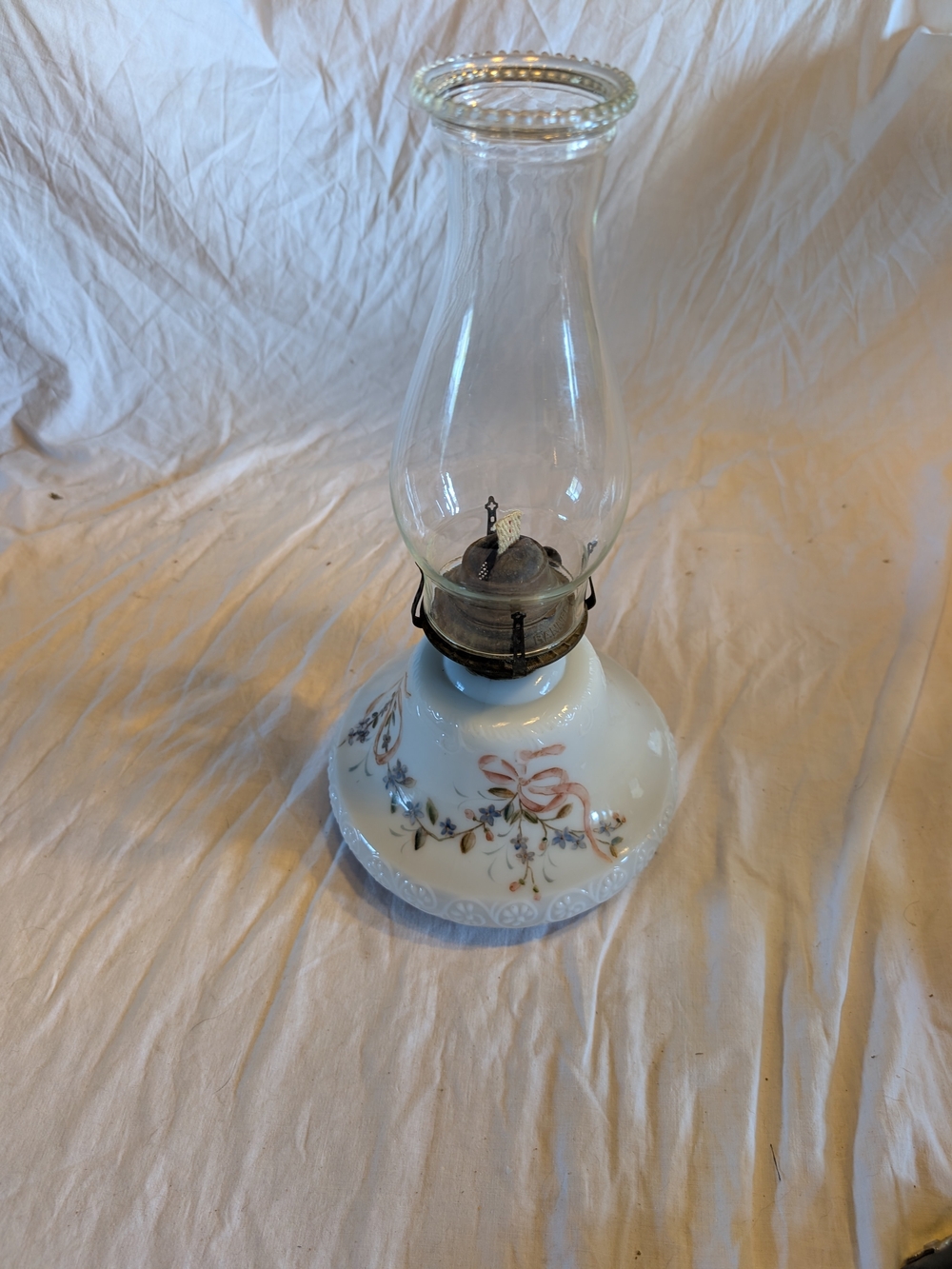 2/160$ Vintage White Milk Glass Oil Lamp with Pink Floral Motif